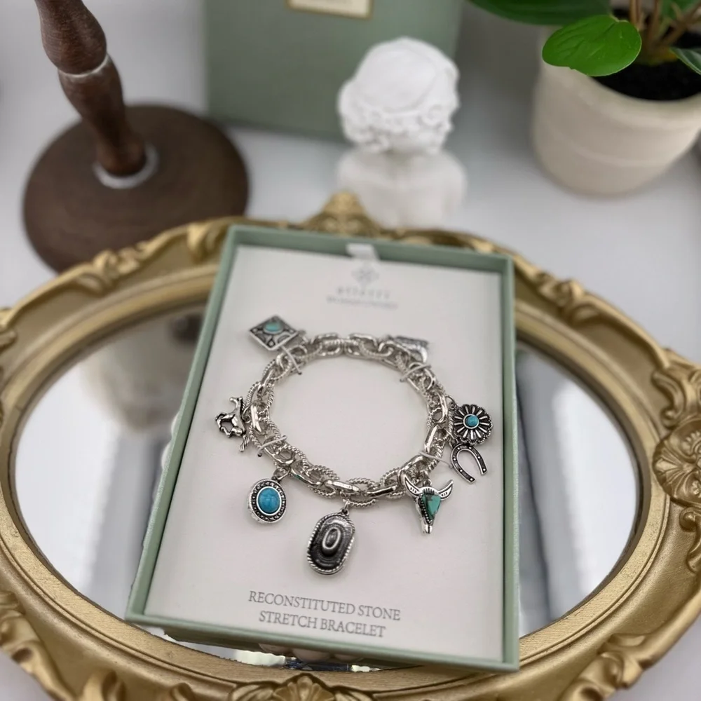 Atterri Western Charm Bracelet – Silver Stretch with Reconstituted Stone Accents - Picture 3 of 5
